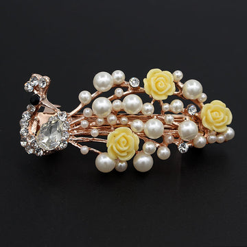Pearl & Rhinestone Floral Peacock Small Princess Hair Barrette Yellow